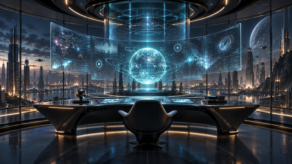 Futuristic information observatory with luminous holographic displays overlooking a city.